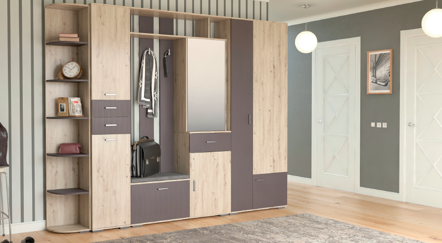 Прихожая "Имидж" (ДУБ БОНИФАЦИЙ/ВОЛЬФРАМ) ПФ мягкая вставка (ткань Тесла mocco)