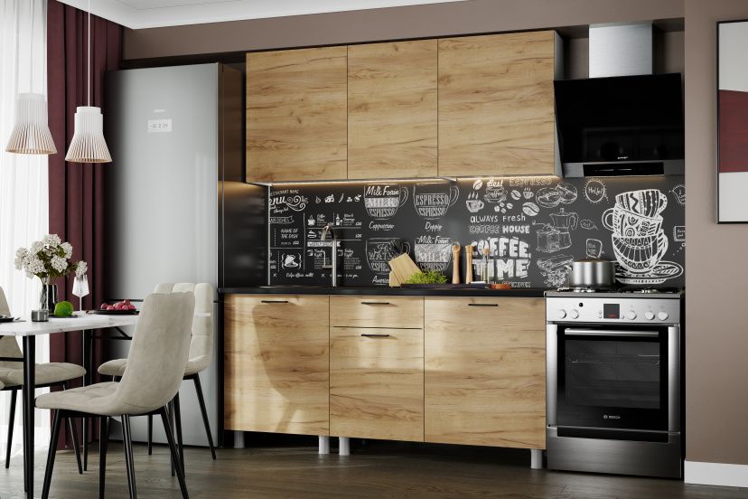 Кухонный гарнитур "Лаванда" (со столешницей) Серия 2 Белый / Дуб Золотой / Чёрный матовый